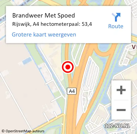 Locatie op kaart van de 112 melding: Brandweer Met Spoed Naar Rijswijk, A4 hectometerpaal: 53,4 op 17 september 2021 07:19