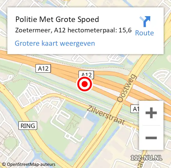 Locatie op kaart van de 112 melding: Politie Met Grote Spoed Naar Zoetermeer, A12 hectometerpaal: 15,6 op 17 september 2021 09:18