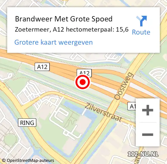 Locatie op kaart van de 112 melding: Brandweer Met Grote Spoed Naar Zoetermeer, A12 hectometerpaal: 15,6 op 17 september 2021 09:19