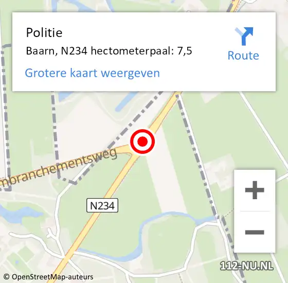 Locatie op kaart van de 112 melding: Politie Baarn, N234 hectometerpaal: 7,5 op 17 september 2021 12:53