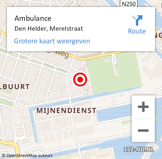 Locatie op kaart van de 112 melding: Ambulance Den Helder, Merelstraat op 17 september 2021 12:59