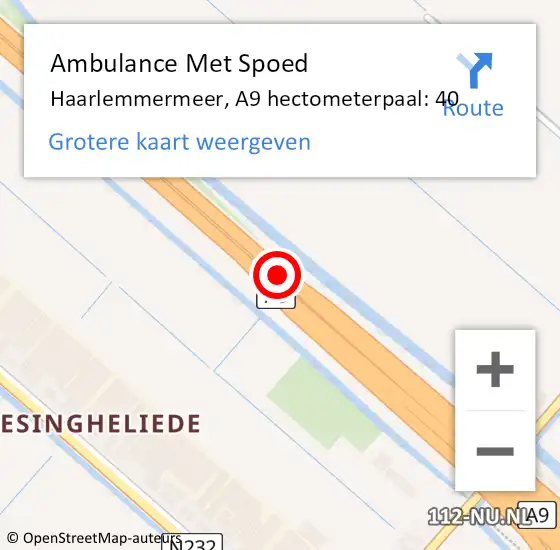 Locatie op kaart van de 112 melding: Ambulance Met Spoed Naar Haarlemmermeer, A9 hectometerpaal: 40 op 17 september 2021 13:27