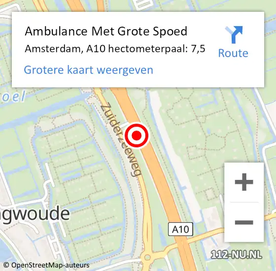 Locatie op kaart van de 112 melding: Ambulance Met Grote Spoed Naar Amsterdam, A10 hectometerpaal: 7,5 op 17 september 2021 13:28