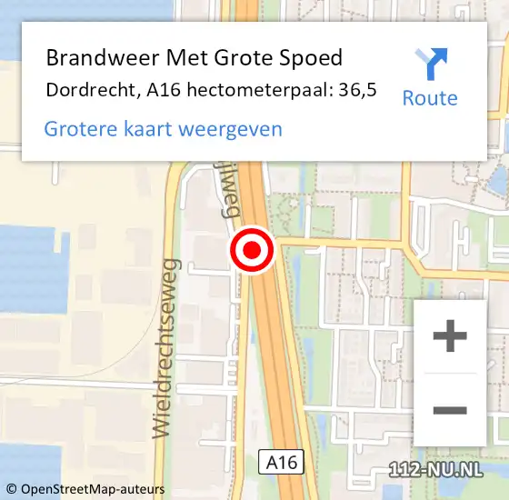 Locatie op kaart van de 112 melding: Brandweer Met Grote Spoed Naar Dordrecht, A16 hectometerpaal: 36,5 op 17 september 2021 15:12