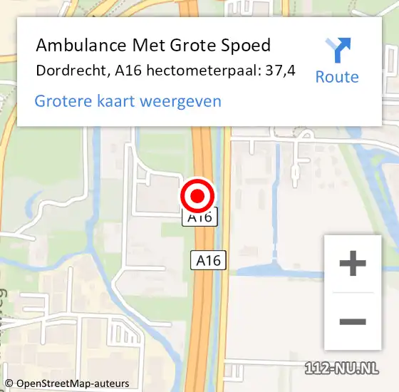 Locatie op kaart van de 112 melding: Ambulance Met Grote Spoed Naar Dordrecht, A16 hectometerpaal: 37,4 op 17 september 2021 15:13
