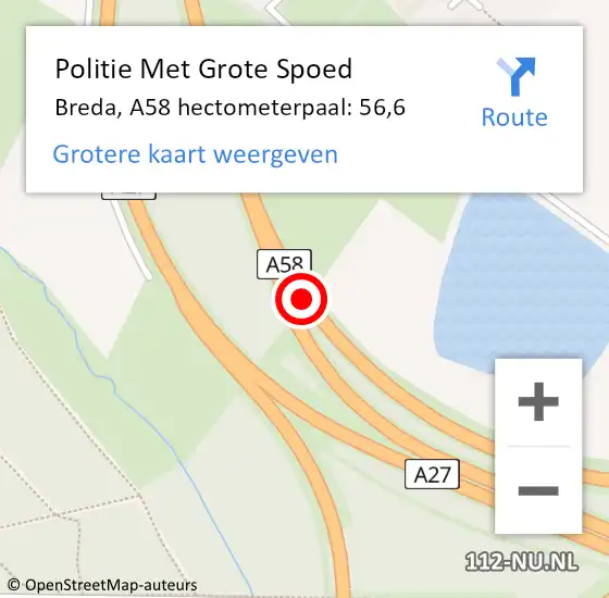 Locatie op kaart van de 112 melding: Politie Met Grote Spoed Naar Breda, A58 hectometerpaal: 56,6 op 17 september 2021 15:24