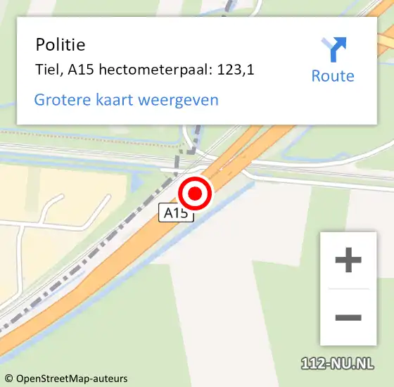 Locatie op kaart van de 112 melding: Politie Tiel, A15 hectometerpaal: 123,1 op 17 september 2021 15:27