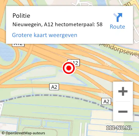 Locatie op kaart van de 112 melding: Politie Nieuwegein, A12 hectometerpaal: 58 op 17 september 2021 15:59