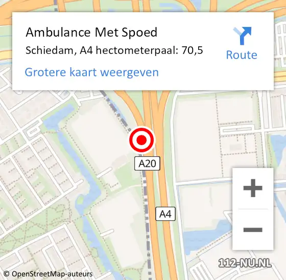 Locatie op kaart van de 112 melding: Ambulance Met Spoed Naar Schiedam, A4 hectometerpaal: 70,5 op 17 september 2021 16:06