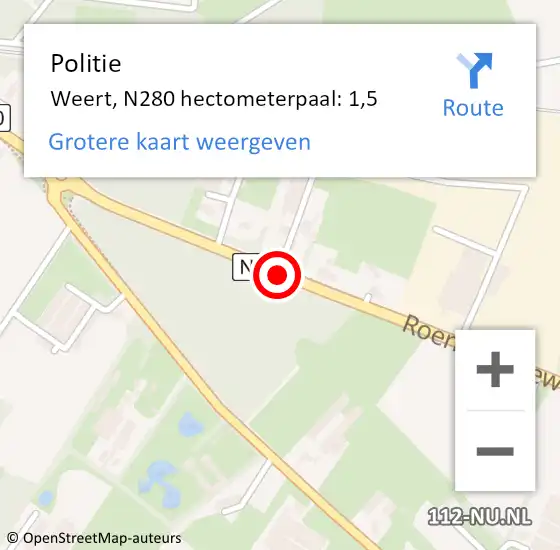 Locatie op kaart van de 112 melding: Politie Weert, N280 hectometerpaal: 1,5 op 17 september 2021 16:09