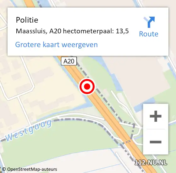 Locatie op kaart van de 112 melding: Politie Maassluis, A20 hectometerpaal: 13,5 op 17 september 2021 16:13