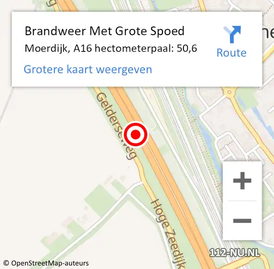 Locatie op kaart van de 112 melding: Brandweer Met Grote Spoed Naar Moerdijk, A16 hectometerpaal: 50,6 op 17 september 2021 16:14