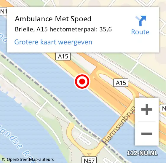 Locatie op kaart van de 112 melding: Ambulance Met Spoed Naar Brielle, A15 hectometerpaal: 35,6 op 17 september 2021 16:21