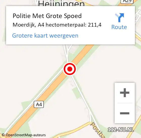 Locatie op kaart van de 112 melding: Politie Met Grote Spoed Naar Moerdijk, A4 hectometerpaal: 211,4 op 17 september 2021 16:25
