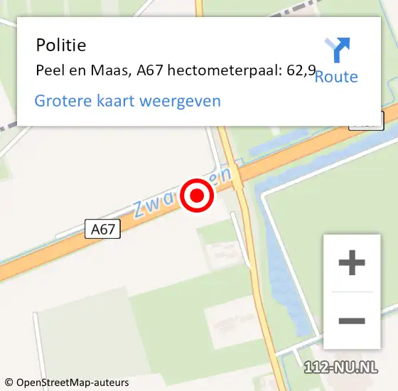 Locatie op kaart van de 112 melding: Politie Peel en Maas, A67 hectometerpaal: 62,9 op 17 september 2021 17:04