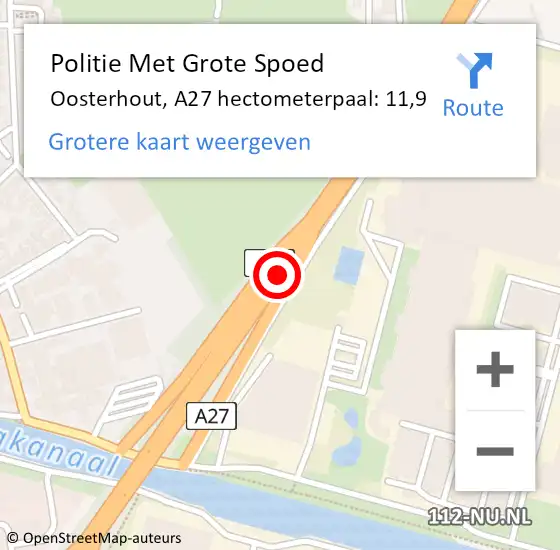 Locatie op kaart van de 112 melding: Politie Met Grote Spoed Naar Oosterhout, A27 hectometerpaal: 11,9 op 17 september 2021 17:43