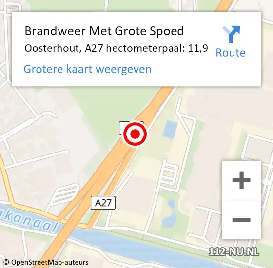 Locatie op kaart van de 112 melding: Brandweer Met Grote Spoed Naar Oosterhout, A27 hectometerpaal: 11,9 op 17 september 2021 17:43