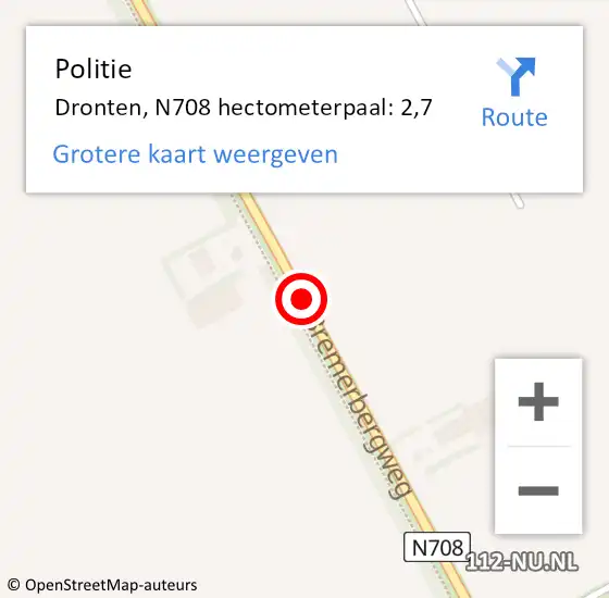 Locatie op kaart van de 112 melding: Politie Dronten, N708 hectometerpaal: 2,7 op 17 september 2021 18:34