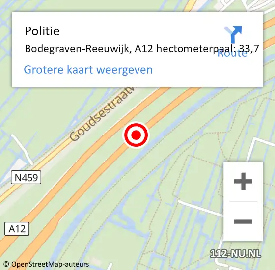 Locatie op kaart van de 112 melding: Politie Bodegraven-Reeuwijk, A12 hectometerpaal: 33,7 op 17 september 2021 19:02