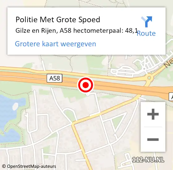 Locatie op kaart van de 112 melding: Politie Met Grote Spoed Naar Gilze en Rijen, A58 hectometerpaal: 48,1 op 17 september 2021 19:09