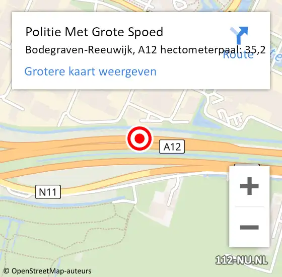 Locatie op kaart van de 112 melding: Politie Met Grote Spoed Naar Bodegraven-Reeuwijk, A12 hectometerpaal: 35,2 op 17 september 2021 19:19