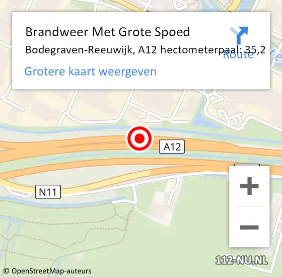 Locatie op kaart van de 112 melding: Brandweer Met Grote Spoed Naar Bodegraven-Reeuwijk, A12 hectometerpaal: 35,2 op 17 september 2021 19:20