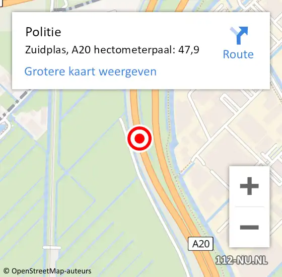 Locatie op kaart van de 112 melding: Politie Zuidplas, A20 hectometerpaal: 47,9 op 17 september 2021 20:19