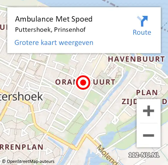 Locatie op kaart van de 112 melding: Ambulance Met Spoed Naar Puttershoek, Prinsenhof op 17 september 2021 21:02