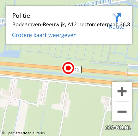 Locatie op kaart van de 112 melding: Politie Bodegraven-Reeuwijk, A12 hectometerpaal: 36,8 op 17 september 2021 21:40
