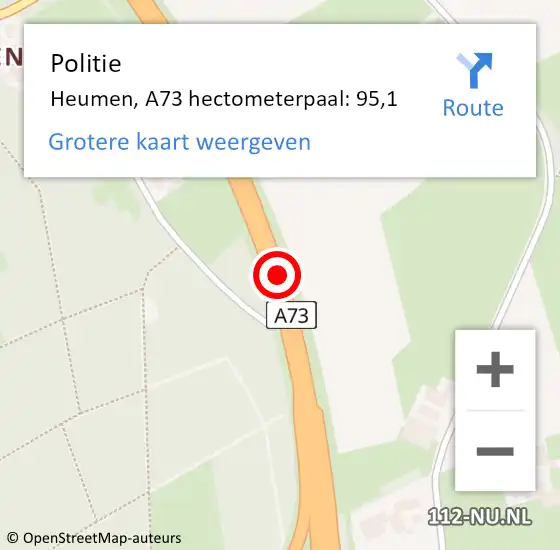 Locatie op kaart van de 112 melding: Politie Heumen, A73 hectometerpaal: 95,1 op 17 september 2021 22:53