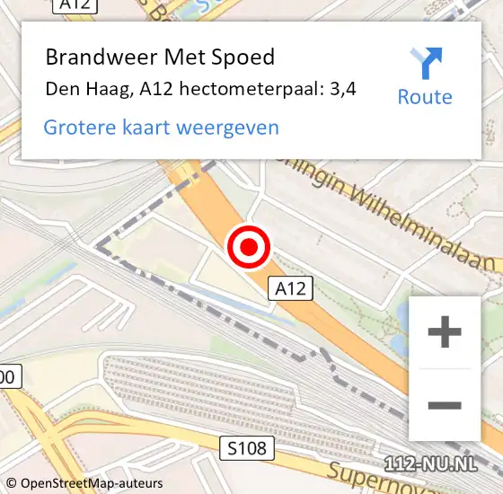Locatie op kaart van de 112 melding: Brandweer Met Spoed Naar Den Haag, A12 hectometerpaal: 3,4 op 18 september 2021 00:28