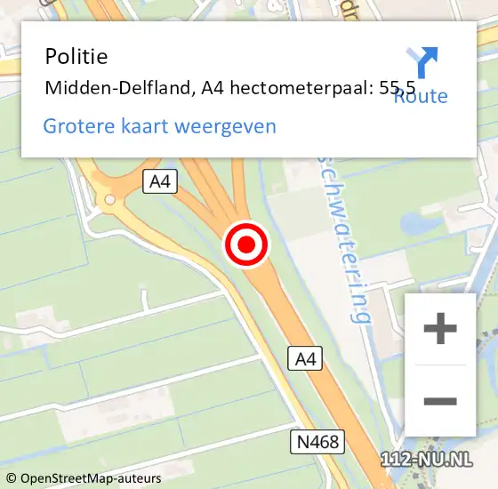 Locatie op kaart van de 112 melding: Politie Midden-Delfland, A4 hectometerpaal: 55,5 op 18 september 2021 07:01