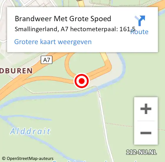 Locatie op kaart van de 112 melding: Brandweer Met Grote Spoed Naar Smallingerland, A7 hectometerpaal: 161,5 op 18 september 2021 08:10