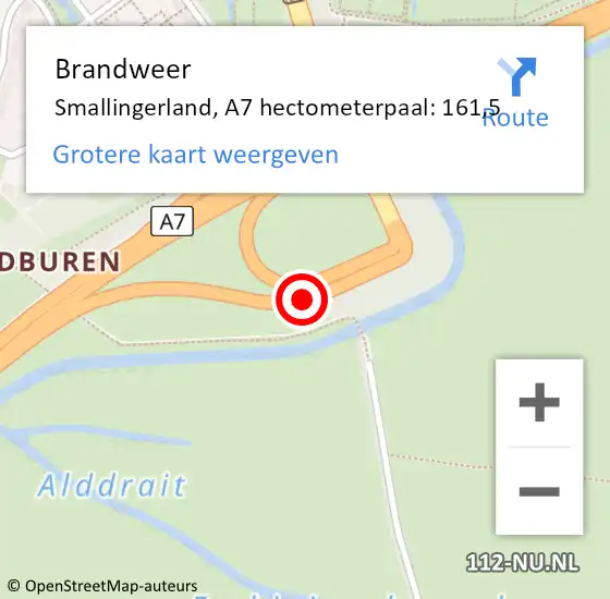 Locatie op kaart van de 112 melding: Brandweer Smallingerland, A7 hectometerpaal: 161,5 op 18 september 2021 08:10