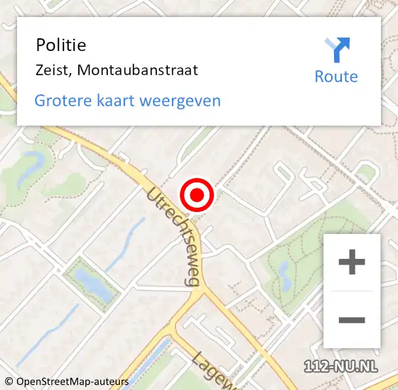 Locatie op kaart van de 112 melding: Politie Zeist, Montaubanstraat op 18 september 2021 09:45