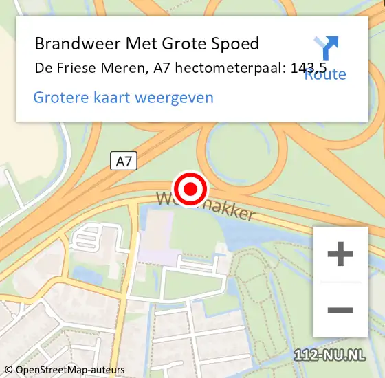 Locatie op kaart van de 112 melding: Brandweer Met Grote Spoed Naar De Friese Meren, A7 hectometerpaal: 143,5 op 18 september 2021 11:41