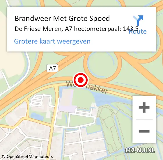 Locatie op kaart van de 112 melding: Brandweer Met Grote Spoed Naar De Friese Meren, A7 hectometerpaal: 143,5 op 18 september 2021 11:43