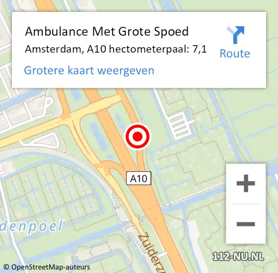 Locatie op kaart van de 112 melding: Ambulance Met Grote Spoed Naar Amsterdam, A10 hectometerpaal: 7,1 op 18 september 2021 11:48