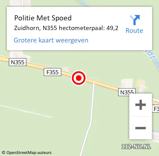 Locatie op kaart van de 112 melding: Politie Met Spoed Naar Zuidhorn, N355 hectometerpaal: 49,2 op 18 september 2021 11:51