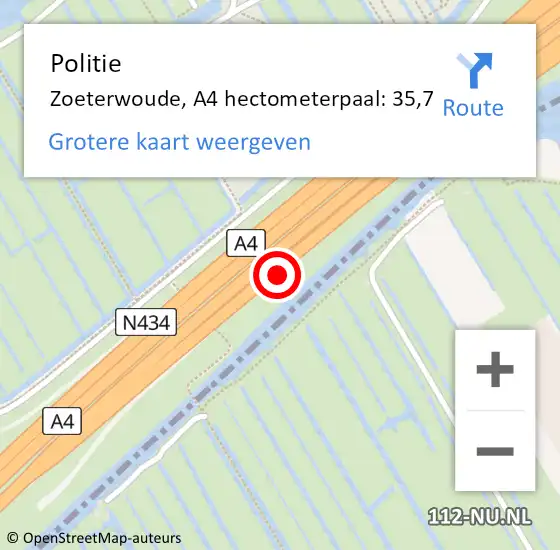 Locatie op kaart van de 112 melding: Politie Zoeterwoude, A4 hectometerpaal: 35,7 op 18 september 2021 12:04