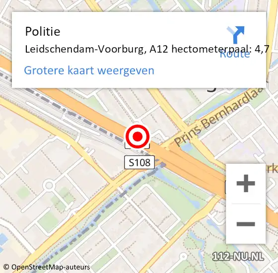 Locatie op kaart van de 112 melding: Politie Den Haag, A12 hectometerpaal: 4,7 op 18 september 2021 12:31