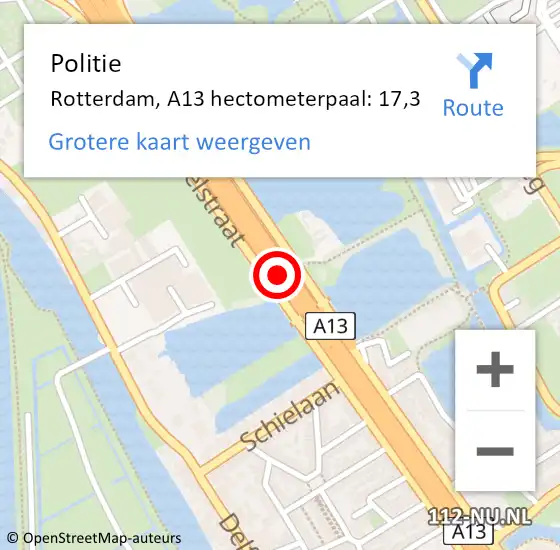 Locatie op kaart van de 112 melding: Politie Rotterdam, A13 hectometerpaal: 17,3 op 18 september 2021 12:36