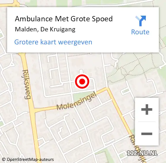 Locatie op kaart van de 112 melding: Ambulance Met Grote Spoed Naar Malden, De Kruigang op 18 september 2021 13:30