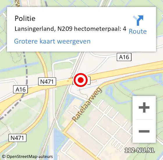 Locatie op kaart van de 112 melding: Politie Lansingerland, N209 hectometerpaal: 4 op 18 september 2021 13:54