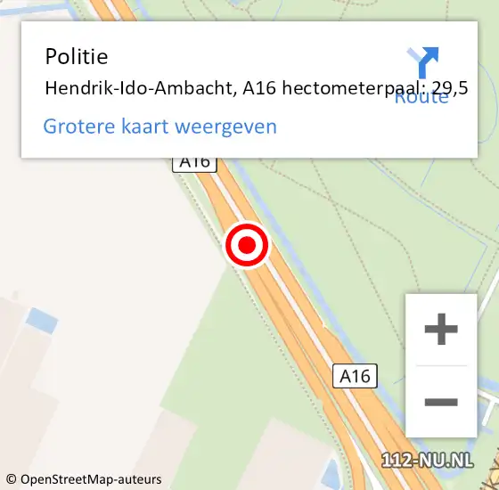 Locatie op kaart van de 112 melding: Politie Ridderkerk, A16 hectometerpaal: 29,5 op 18 september 2021 14:12