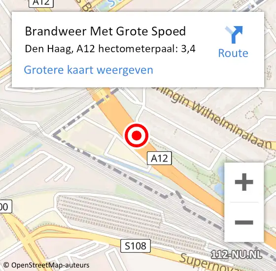 Locatie op kaart van de 112 melding: Brandweer Met Grote Spoed Naar Den Haag, A12 hectometerpaal: 3,4 op 18 september 2021 15:09