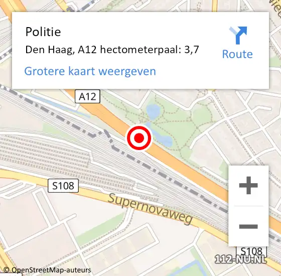 Locatie op kaart van de 112 melding: Politie Den Haag, A12 hectometerpaal: 3,7 op 18 september 2021 15:11