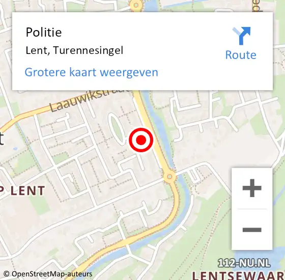 Locatie op kaart van de 112 melding: Politie Lent, Turennesingel op 18 september 2021 15:23