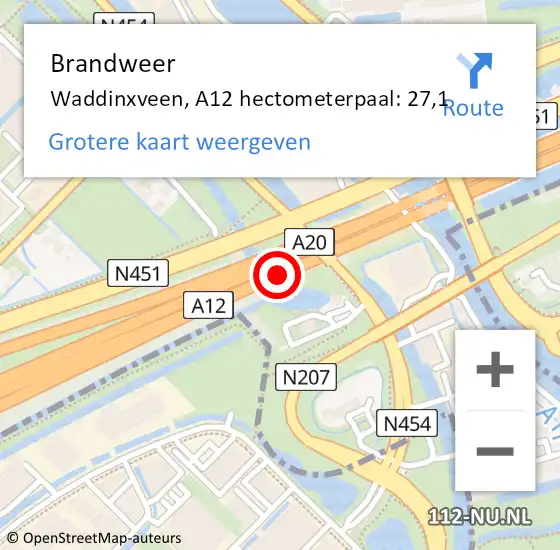 Locatie op kaart van de 112 melding: Brandweer Waddinxveen, A12 hectometerpaal: 27,1 op 18 september 2021 17:51