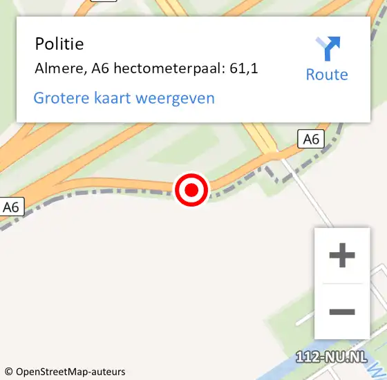 Locatie op kaart van de 112 melding: Politie Almere, A6 hectometerpaal: 61,1 op 18 september 2021 19:16